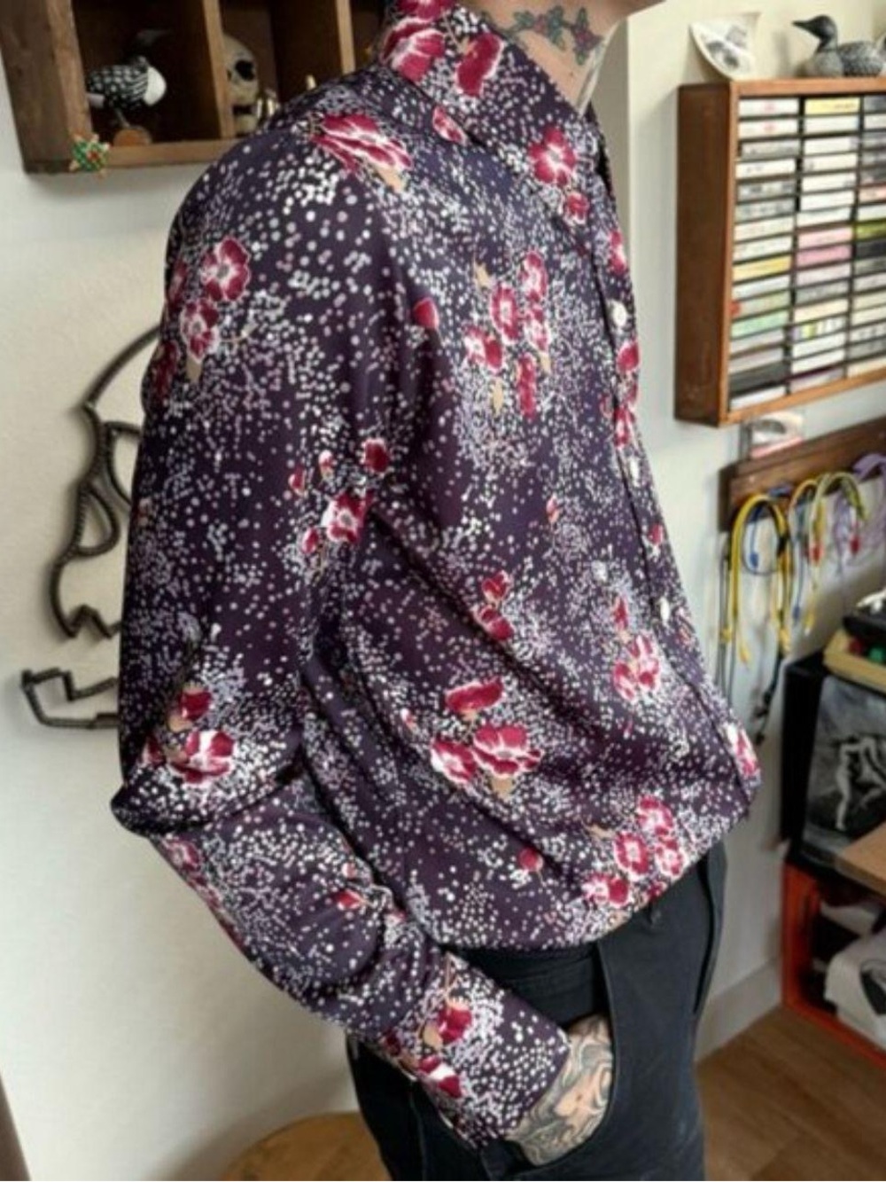 Vintage 60s 70s Purple Abstract Floral AOP Button Down Blouse ~ Size Medium - Picture 2 of 7
